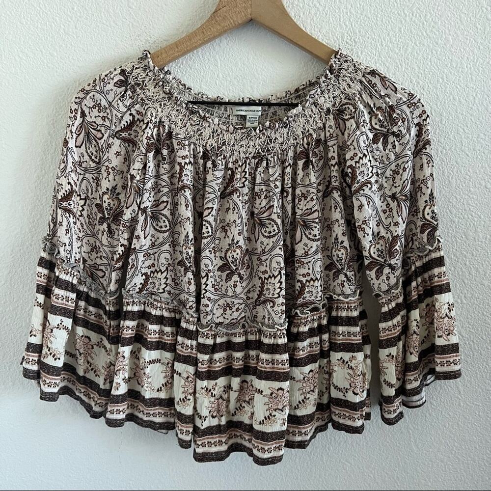 American Eagle Boho Smocked Neckline Statement Sleeve Paisley Top Gypsy Casual S